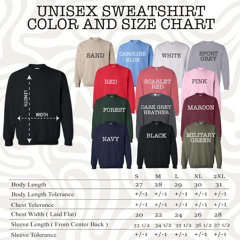 May include: A color and size chart for unisex sweatshirts. The chart displays various sweatshirt colors, including sand, red, navy, and black. Measurements are provided in inches for body length, chest width, and sleeve length, along with size options from S to 2XL.
