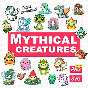 Mythical Creatures Sticker Pack, Cute Animal SVG Files, cartoon illustration,fantasy entity, Commercial Use