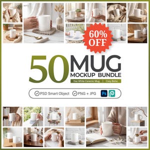 50x Becher Mockup Bundle: PSD + JPG + PNG | 11 Unzen weiße Keramiktasse | Smart-Objekt | Gemütlicher Boho