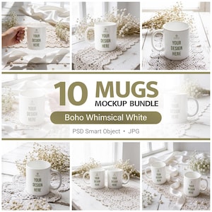 May include: A mockup bundle of 10 white mugs with the text "YOUR DESIGN HERE". The mugs are displayed on a white lace doily and a white wooden surface, with sprigs of dried flowers and white ribbons. The text "10 MUGS MOCKUP BUNDLE" is also visible.