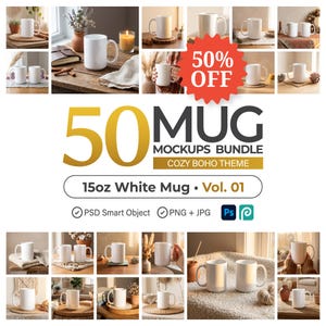 Puede incluir: Un paquete de productos digitales que incluye 50 maquetas de tazas blancas de 15oz con un tema acogedor. La imagen muestra varias escenas de tazas de cerámica blanca lisa en diferentes entornos, con el texto 50 MUG MOCKUPS BUNDLE, 50% OFF y 15oz White Mug Vol. 01.