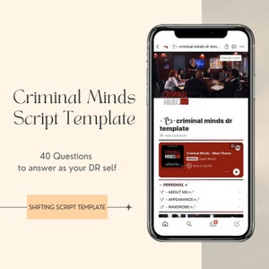 Könnte beinhalten: Ein Smartphone-Bildschirm zeigt eine "Criminal Minds" Skriptvorlage mit 40 Fragen, die als "DR self" zu beantworten sind. Die Vorlage enthält Abschnitte für "Persönlich", "Über mich", "Erscheinungsbild" und "Garderobe".