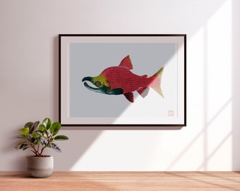 Sockeye Salmon Oil Pastel Digital Fish Print | Handcrafted Artwork Download