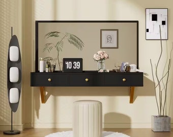 Black Wall-Mounted Makeup Vanity Table with Drawers, Glass Top, Tabletop Embedded Storage