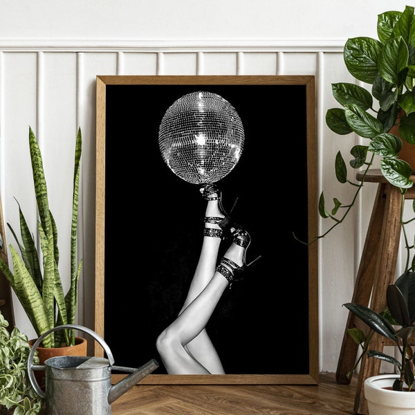 Disco Ball On High Heels Print, Black and White, Fashion Wall Art, Funky Poster, Feminist Print, Disco Party Poster, Teen Girl Room Decor
