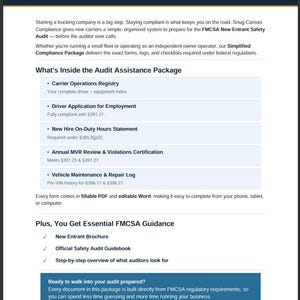 May include: A white informational document titled Snug-Canvas Compliance New Entrant Audit Prep, featuring black and blue text. It outlines a compliance package for FMCSA audits, listing forms like a carrier operations registry and vehicle maintenance log.