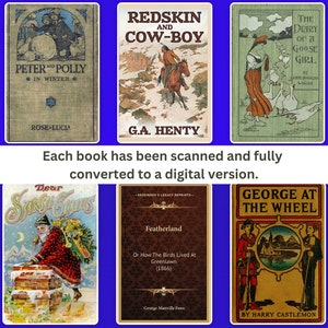 Puede incluir: Una colecci&oacute;n de seis portadas de libros vintage con diversas ilustraciones. Las portadas son de varios colores, incluyendo rojo, verde, azul y amarillo. Los t&iacute;tulos de los libros incluyen "Peter and Polly in Winter", "Redskin and Cow-Boy", "The Diary of a Goose Girl", "Dear Santa Claus", "Featherland", y "George at the Wheel".