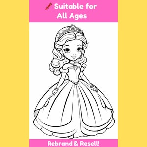Op de afbeelding: Een zwart-witte lijntekening van een prinses met een kroon en een jurk. De afbeelding is geschikt voor alle leeftijden en kan worden gebruikt om in te kleuren.