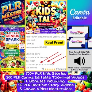 Más de 900 vídeos animados para niños (PLR - MRR), historias infantiles en formato ebook, plantillas editables de Canva, derechos de reventa maestra, contenido PLR infantil listo para usar.