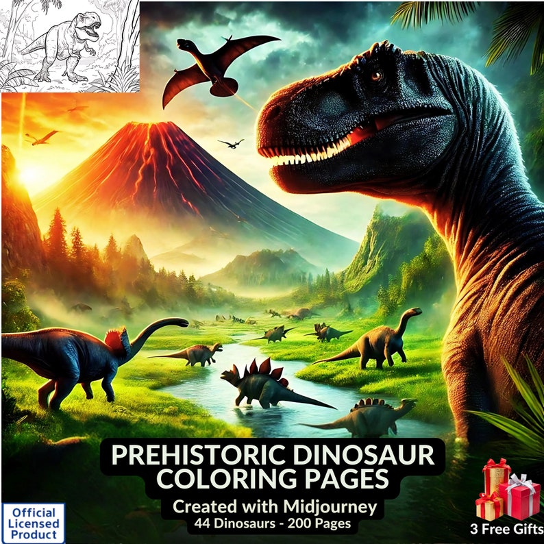 PLR Dinosaur Coloring Pages | MidJourney Created | Bonus Pack Included | Printable Kids Activity | T Rex Educational & Fun Art Set MRR