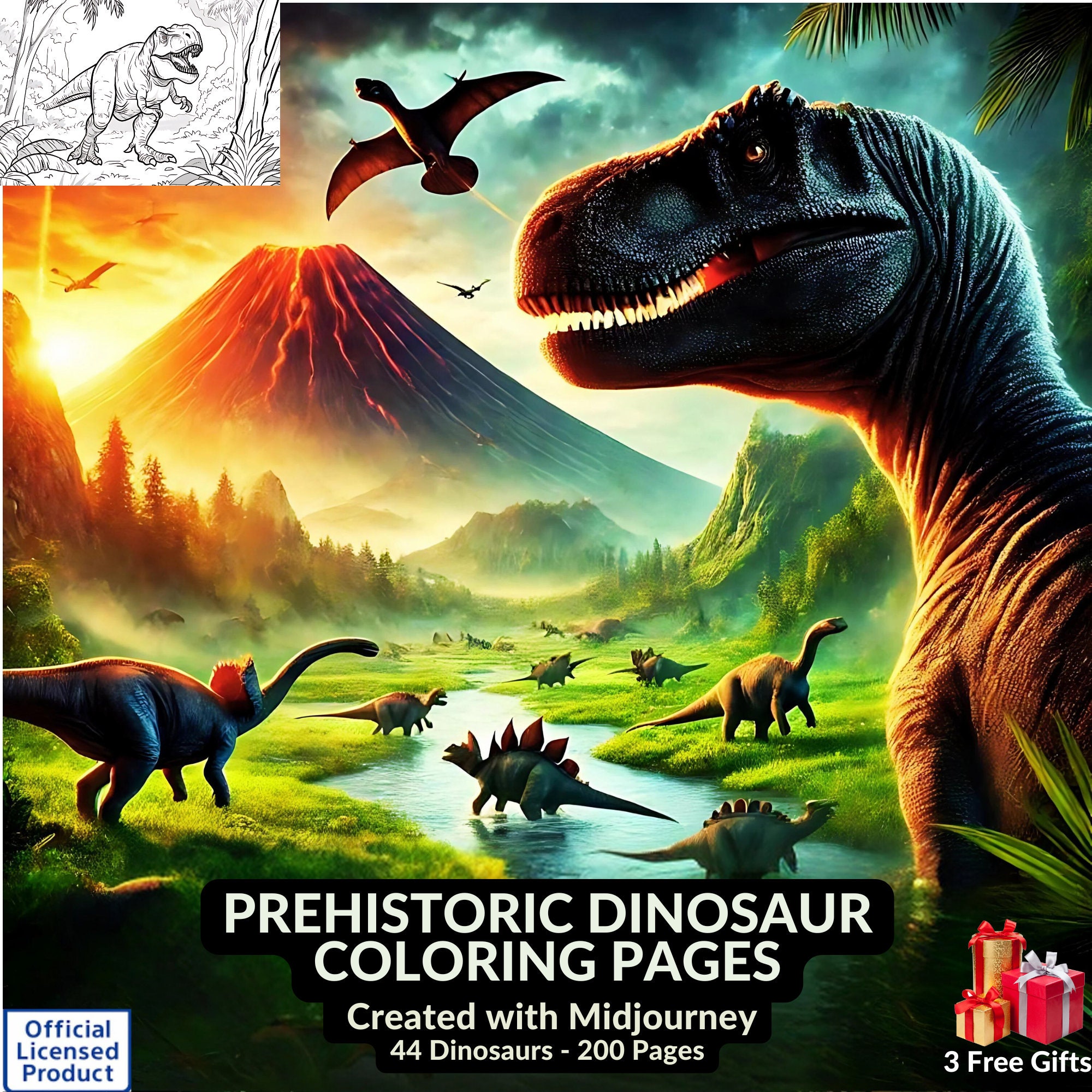 200 Dinosaur Coloring Pages: MidJourney T-Rex Art Set (PLR MRR)