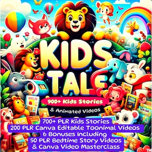 PLR - 900+ animowanych filmów dla dzieci, historie e-booków dla dzieci, nieograniczone PLR, MRR, edytowalne szablony Canva, główne prawa odsprzedaży, gotowe do użycia