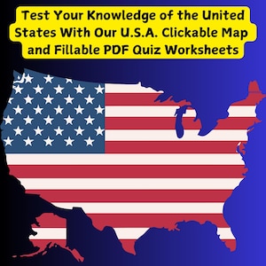 Interaktive USA klickbare Karte mit Zustandsdaten Info + 5 ausfüllbare PDF Arbeitsblätter | Lerne Zustandsnamen, Hauptstädte, Abkürzungen, Blumen, Vögel!