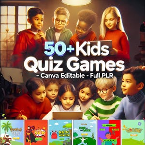 Puede incluir: Un grupo de niños están reunidos alrededor de una tableta, jugando juegos de preguntas y respuestas educativos. Los juegos presentan gráficos coloridos y temas atractivos, como piratas, matemáticas y días de la semana. El texto en la pantalla dice "50+ Kids Quiz Games - Canva Editable - Full PLR".