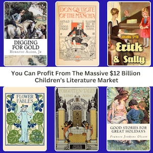 Puede incluir: Un collage de portadas de libros infantiles vintage con ilustraciones de ni&ntilde;os, hadas y un caballero. Las portadas son de varios colores, incluyendo azul, verde, rojo y amarillo. El texto en las portadas incluye t&iacute;tulos como "Digging for Gold", "Don Quijote de la Mancha", "Flower Fables" y "Good Stories for Great Holidays".