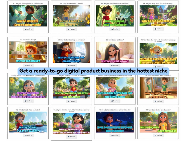 Pu&ograve; includere: Una griglia colorata di 18 carte illustrate con personaggi dei cartoni animati che fanno domande sulla vita quotidiana. Ogni carta presenta una domanda in un riquadro bianco con un personaggio dei cartoni animati e un pulsante di anteprima. Le domande sono: Perch&eacute; alle scimmie piace arrampicarsi sugli alberi? Perch&eacute; i conigli mangiano carote? Perch&eacute; i panda mangiano solo bamb&ugrave;? Perch&eacute; i cani e i gatti non vanno d'accordo? Perch&eacute; abbiamo il singhiozzo? Perch&eacute; le nostre orecchie si tappano sugli aerei? Perch&eacute; i capelli crescono? Perch&eacute; ci fa male lo stomaco quando ridiamo troppo? Perch&eacute; arrossiamo quando siamo in imbarazzo? Perch&eacute; battiamo le palpebre tutto il tempo? Perch&eacute; i denti da latte cadono e ricrescono? Perch&eacute; gli umani hanno le sopracciglia? Perch&eacute; le barche galleggiano sull'acqua? Perch&eacute; si formano le bolle quando si agita una bottiglia d'acqua? Come gli scienziati scoprono nuovi pianeti? Perch&eacute; la soda ha le bolle?