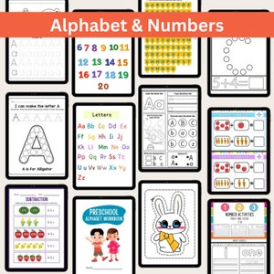 K&ouml;nnte beinhalten: Eine Sammlung digitaler Vorschul-Arbeitshefte, die auf Tablets angezeigt werden. Die Arbeitshefte enthalten Alphabet- und Zahlenaktivit&auml;ten, darunter das Nachzeichnen von Buchstaben und Zahlen, Addition und Ausmalbilder. Der Titel "Alphabet & Numbers" ist oben zu sehen.