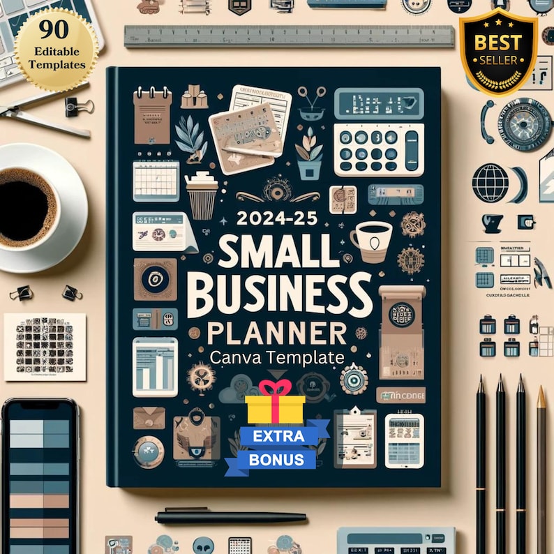 Editable 2024-2025 Small Business Planner Canva Template | Customizable PDF, 90 Designs, Home & Office Use, Full Business Productivity Kit