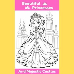 Op de afbeelding: Een zwart-witte lijntekening van een prinses met een kroon en een lange jurk. Ze staat voor een kasteel. De tekst "Beautiful Princesses and Majestic Castles" staat onderaan de afbeelding.