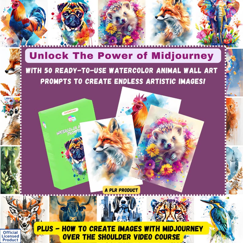 50+ MidJourney Watercolor Animal Prompts | 50 High Resolution Images | Stunning A.I. Art Designs, For Posters, Home Decor, Unrestricted PLR