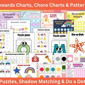 K&ouml;nnte beinhalten: Eine Sammlung farbenfroher, druckbarer Charts und Spiele f&uuml;r Kinder. Das Bild enth&auml;lt Belohnungstabellen, Musterbl&auml;tter, Puzzlespiele, Schattenzuordnungsaktivit&auml;ten und Punkt-zu-Punkt-Seiten. Der Text oben lautet "Rewards Charts, Chore Charts & Patterns".
