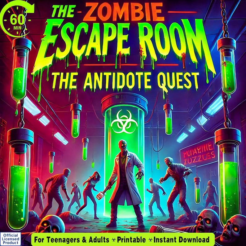 May include: A printable escape room game with a zombie theme. The cover features a scientist in a lab coat, surrounded by zombies, with a biohazard symbol and test tubes filled with green liquid. The title is "The Zombie Escape Room: The Antidote Quest".