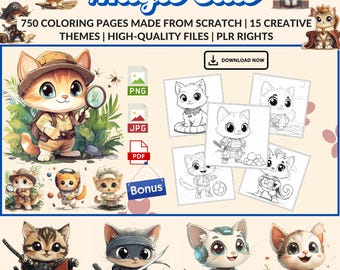 Magic Cat Coloring Pages Bundle | 750 Printable Designs (PLR)