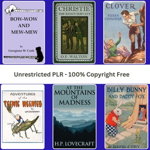 Puede incluir: Un collage de seis portadas de libros vintage con ilustraciones de animales, personas y paisajes. Los t&iacute;tulos incluyen "Bow-Wow and Mew-Mew", "Christie the King's Servant", "Clover", "Adventures of the Teenie Weenies", "At the Mountains of Madness", y "Billy Bunny and Daddy Fox".