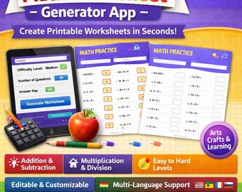 PLR Math Worksheet Generator App | Printable, Editable PDF | Teacher Resource - Commercial Use