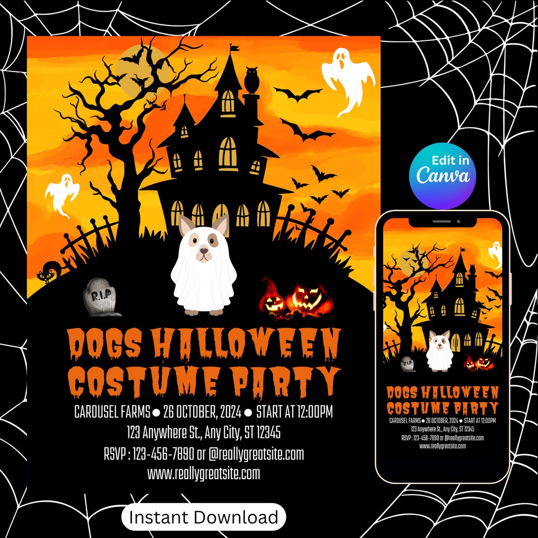 Spooky Dogs Halloween Costume Party Flyer Canva Template 100% Editable ...
