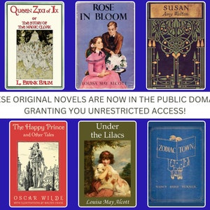 Puede incluir: Un collage de seis portadas de libros vintage con ilustraciones y texto. Las portadas son de varios colores, incluyendo rojo, azul, verde y amarillo. Los t&iacute;tulos incluyen "Queen Zixi of IX", "Rose in Bloom", "Susan", "The Happy Prince", "Under the Lilacs", y "Zodiac Town".