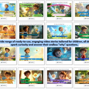 Pu&ograve; includere: Una griglia colorata di 16 immagini con un bambino dei cartoni animati e una fata. Ogni immagine ha una domanda su un argomento diverso, come perch&eacute; il sole &egrave; caldo, perch&eacute; le foglie cambiano colore in autunno e perch&eacute; gli umani hanno bisogno di dormire. Il testo "Offre una vasta gamma di storie video pronte all'uso, coinvolgenti e progettate per i bambini, tutte progettate per stimolare la curiosit&agrave; e rispondere alle loro infinite domande "perch&eacute;?" &egrave; visualizzato sotto la griglia.