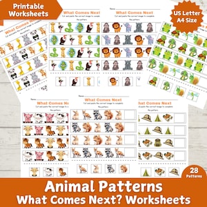 Op de afbeelding: Een set van 28 printbare werkbladen voor kinderen om te oefenen met het identificeren van patronen. Elk werkblad heeft een ander dierenpatroon en vraagt ​​het kind om het juiste beeld uit te knippen en te plakken om het patroon te voltooien. De werkbladen zijn getiteld "What Comes Next?" en zijn ontworpen voor US Letter- of A4-formaat papier.