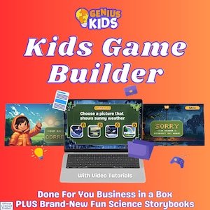 Puede incluir: Una computadora portátil muestra una interfaz de juego para niños con el texto "Elige una imagen que muestre un clima soleado." La imagen presenta un niño de dibujos animados, una bombilla y un controlador de juego. Las palabras "Kids Game Builder" están en la parte superior.