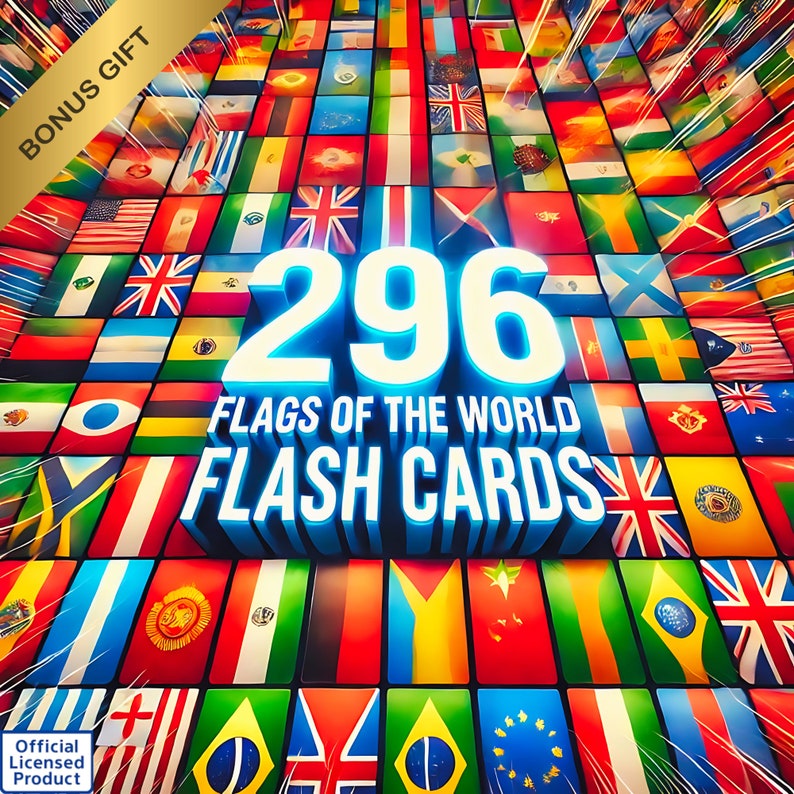 PLR 296 Country Flags Flash Cards - Country & Union Flags w/ Names, Vector Designs for Print, School Projects, Clip Art Ready To Print