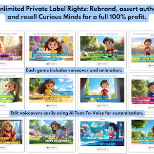 Pu&ograve; includere: Un collage colorato di video animati per bambini con il testo "Gain Unlimited Private Label Rights: Rebrand, assert authorship, and resell Curious Minds for a full 100% profit." Ogni video presenta un bambino che fa una domanda, come "Perch&eacute; gli uccelli cantano al mattino?" o "Perch&eacute; dobbiamo riscaldarci prima di fare sport?" Il testo "Ogni gioco include voce fuori campo e animazione." &egrave; visualizzato sotto la prima riga di video. Il testo "Modifica le voci fuori campo facilmente usando AI Text-To-Voice per la personalizzazione." &egrave; visualizzato sotto la seconda riga di video.