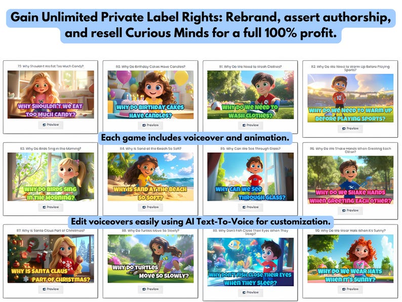 Pu&ograve; includere: Un collage colorato di video animati per bambini con il testo "Gain Unlimited Private Label Rights: Rebrand, assert authorship, and resell Curious Minds for a full 100% profit." Ogni video presenta un bambino che fa una domanda, come "Perch&eacute; gli uccelli cantano al mattino?" o "Perch&eacute; dobbiamo riscaldarci prima di fare sport?" Il testo "Ogni gioco include voce fuori campo e animazione." &egrave; visualizzato sotto la prima riga di video. Il testo "Modifica le voci fuori campo facilmente usando AI Text-To-Voice per la personalizzazione." &egrave; visualizzato sotto la seconda riga di video.