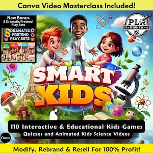 Op de afbeelding: Kleurrijke illustratie van drie kinderen met de tekst "SMART KIDS" in grote, vetgedrukte letters. De afbeelding bevat een microscoop, een aardbol, een Eiffeltoren en een boek. De tekst "110 interactieve & educatieve kinderspellen" en "Quizzen en geanimeerde kinderwetenschapsvideo's" is ook inbegrepen. De afbeelding bevat de tekst "Aanpassen, rebranden en doorverkopen voor 100% winst!"