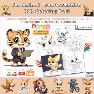 Puede incluir: Una lista de productos digitales para 500 páginas para colorear que presentan transformaciones de animales. Las imágenes muestran animales de dibujos animados lindos en varias profesiones, como un tigre con traje, un koala trabajando en una computadora portátil y un zorro con un traje espacial. El producto está disponible en formatos PNG, JPG y PDF y se puede vender en Amazon KDP. La lista también incluye un bono de 500 páginas para colorear en negrita y fáciles.
