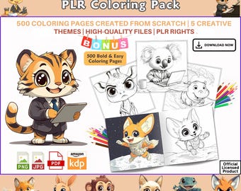 500+ Animal Coloring Pages Bundle | Kids & Adults (PLR MRR Rights)