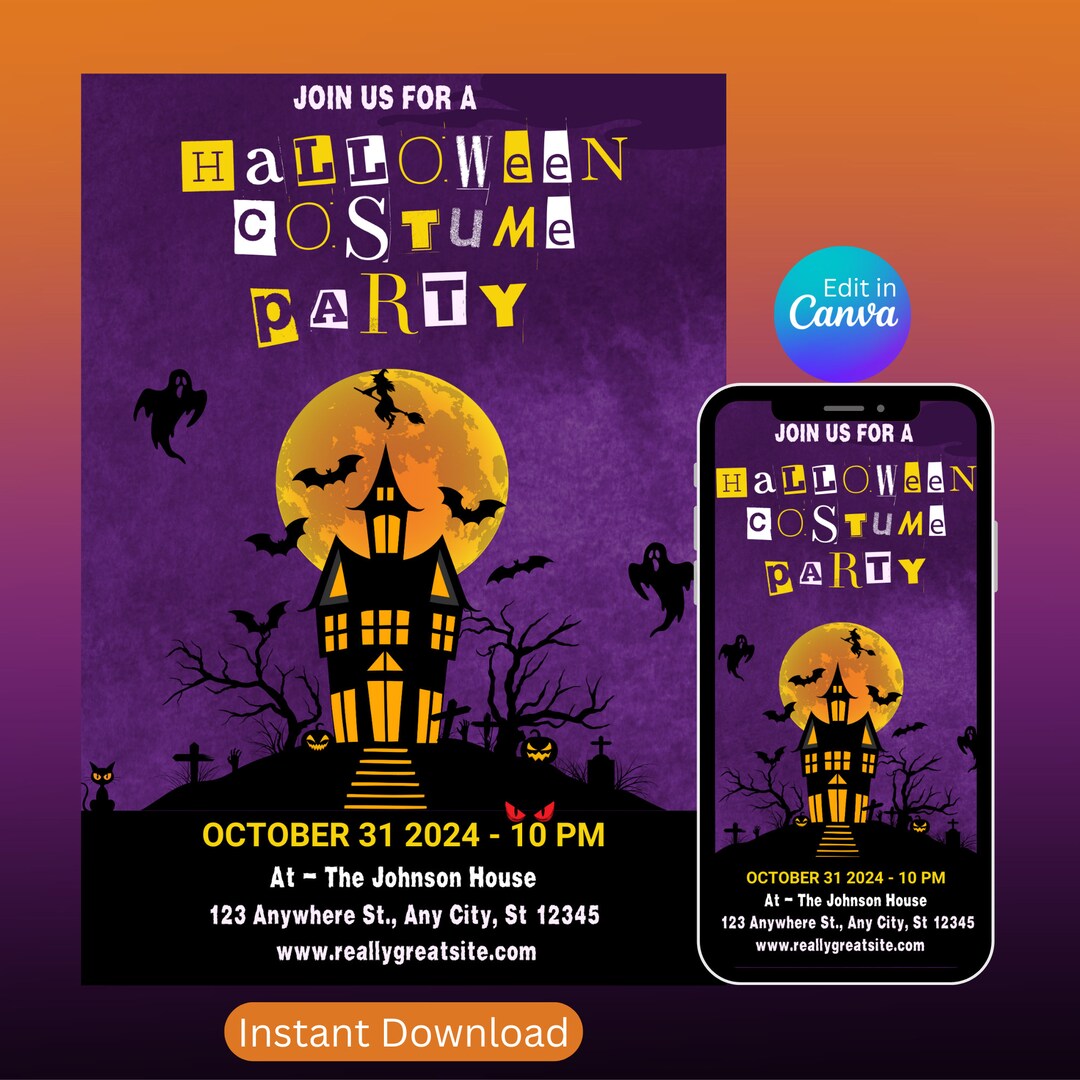 Halloween Costume Party Flyer Editable Canva Template Instant Digital ...