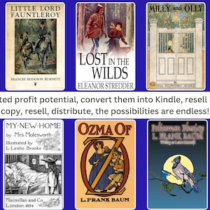 Puede incluir: Un collage de seis portadas de libros antiguos con ilustraciones de ni&ntilde;os y animales. Las portadas son de varios colores, incluyendo rojo, azul, verde y amarillo. Los t&iacute;tulos de los libros son "Little Lord Fauntleroy", "Lost in the Wilds", "Milly and Olly", "My-New-Home", "Ozma of Oz" y "Policeman Bluejay".