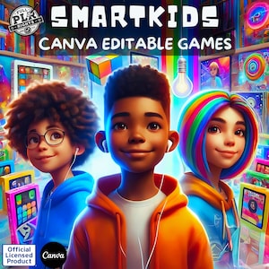 Puede incluir: Tres niños de dibujos animados, uno con piel morena, otro con piel clara y otro con cabello arcoíris, sonríen y miran a la cámara. Están de pie frente a una pared con estantes coloridos llenos de juguetes y juegos. El texto "SMARTKIDS CANVA EDITABLE GAMES" está en la parte superior de la imagen. El texto "Official Licensed Product Canva" está en la parte inferior de la imagen.