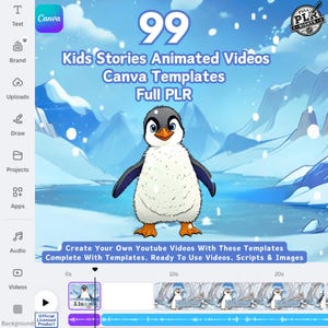 Pacote de Vídeos Infantis PLR 99 | Vídeos Animados de Aprendizagem Infantil Editáveis do Canva | Divertido e Educativo para o YouTube | Narração e Animação, MRR