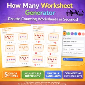 May include: An image promoting a worksheet generator app. The title reads "How Many Worksheet Generator" with the tagline "Create Counting Worksheets in Seconds!" Features include 5 color themes, adjustable difficulty, multiple languages, and commercial use worksheets.
