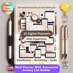 Pode incluir: Um kit de planejador digital com 21 planejadores digitais, hiperlinks e um planejador de refeições com um gerador de lista de compras automatizado. O kit é projetado para ser usado com os aplicativos Goodnotes, Notability e Xodo. A imagem mostra uma variedade de páginas de planejador, incluindo layouts diários, semanais e mensais. O kit está disponível em formato digital e inclui mais de 1100 modelos Canva.