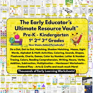 以下が含まれることがあります： 赤い鉛筆を持った黄色と黒の蜂が、カラフルなワークシートのコラージュに囲まれています。 「The Early Educator's Ultimate Resource Vault™ Pre-K - Kindergarten 1st 2nd 3rd Grades New Sheets Added Periodically!」というテキストが黄色のバナーに表示されています。 「Thousands of Early Learning Worksheets!」というテキストが、画像の下部の黄色のバナーに表示されています。