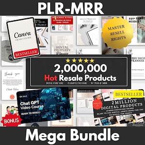 May include: A collage of digital products for resale, including a Canva crash course, a preschool activity learning bundle, a rental property planner, a chat GPT video course, and a collection of 2 million digital products. The text "2,000,000 Hot Resale Products" is featured in large, bold letters.