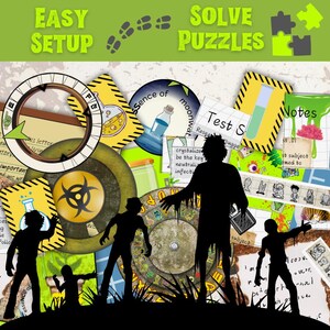 May include: A black and white image of a game board with a zombie theme. The board is surrounded by various game pieces, including a compass, a biohazard symbol, and a test tube. The text "Solve Puzzles" is at the top of the image.