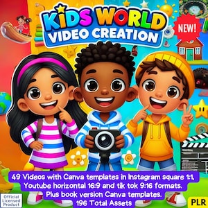 PLR 49 Kids Video Stories - Paquete de libros / Aventura, hora de dormir y aprendizaje / Generado con IA, editable en Canva, redes sociales - Contenido listo para imprimir